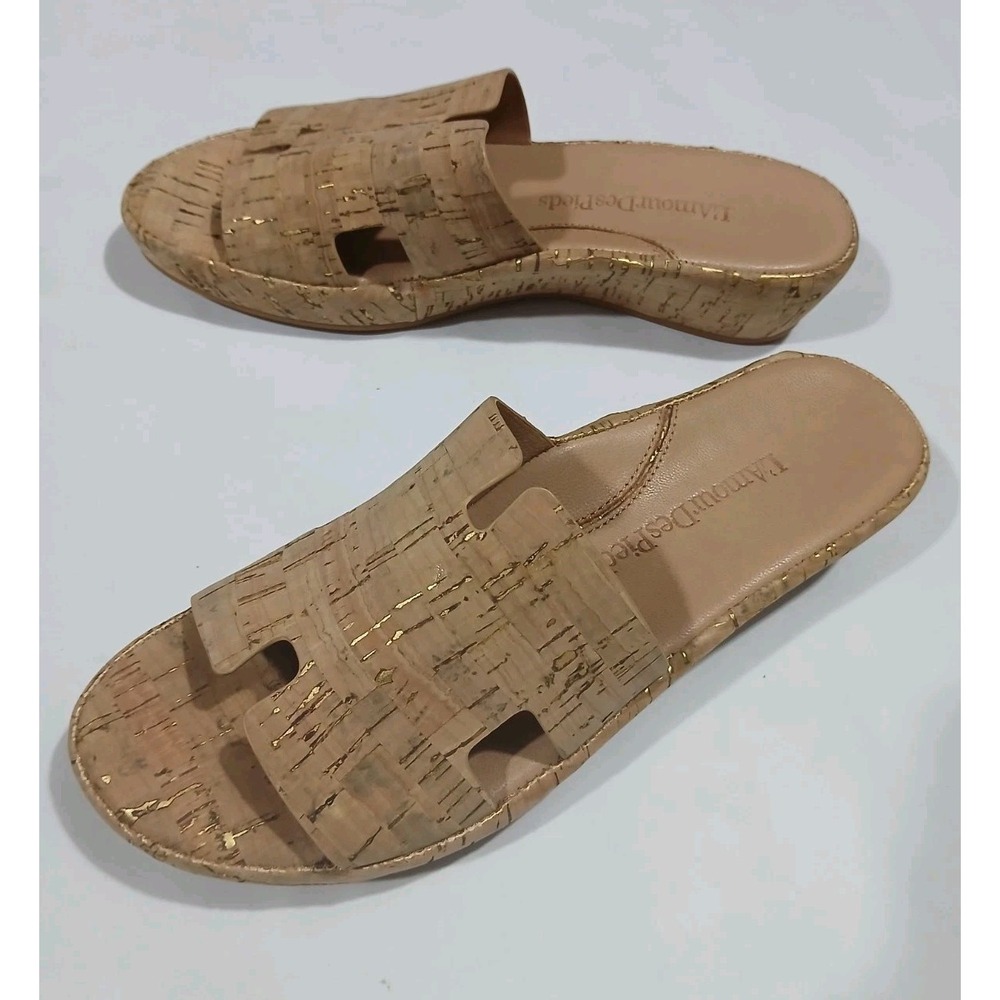 L'Amour Des Pieds Catiana Cork Slip On Sandals Size 8.5 Open Toe Demi Wedge